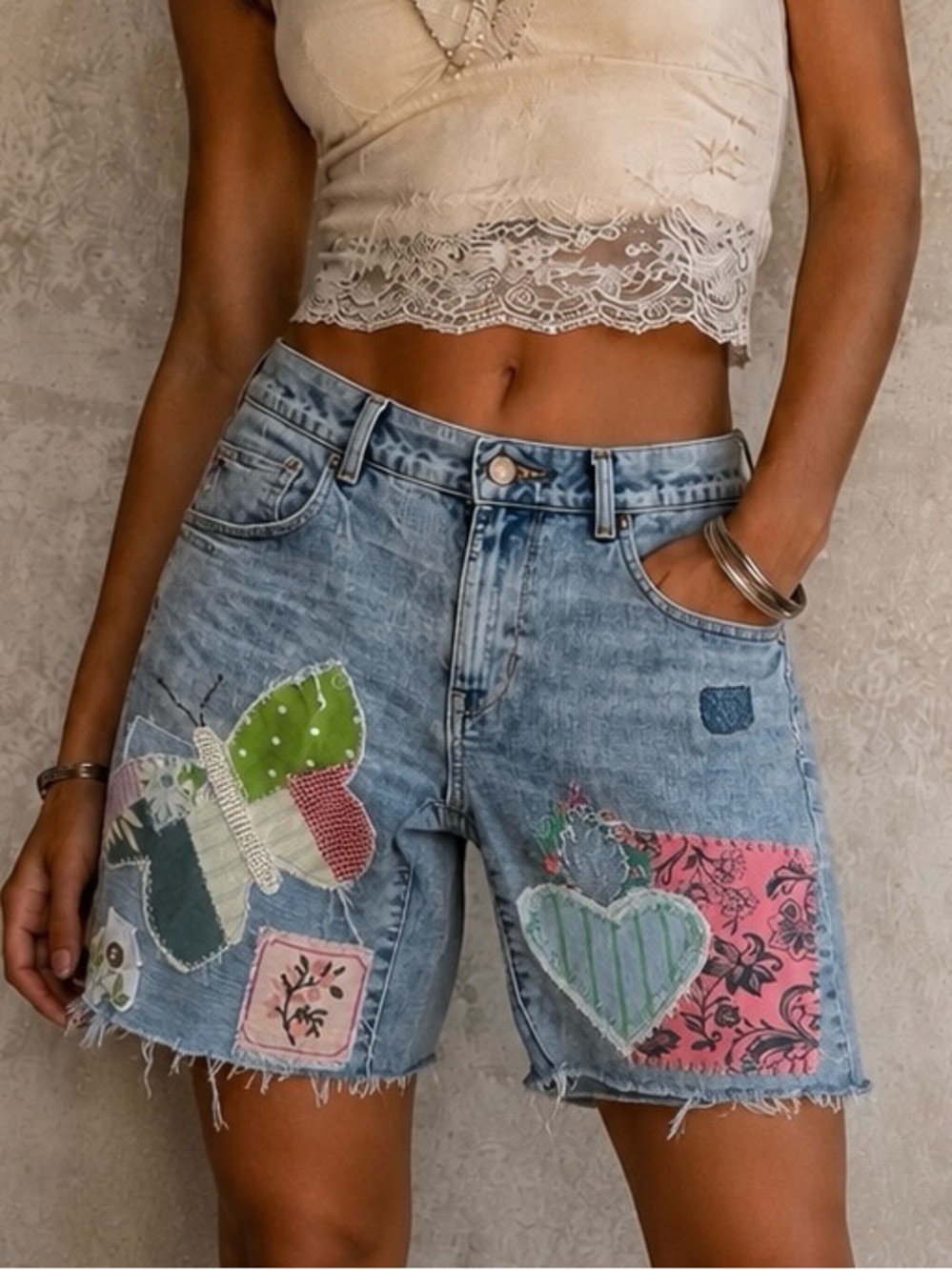 American Eagle Outfitters Light Blue Patchwork Denim Shorts